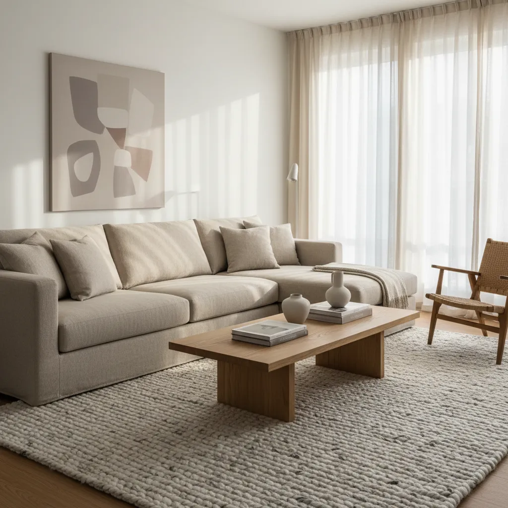 Bright living room with beige sofa wooden coffee table abstract wall art and light window curtains