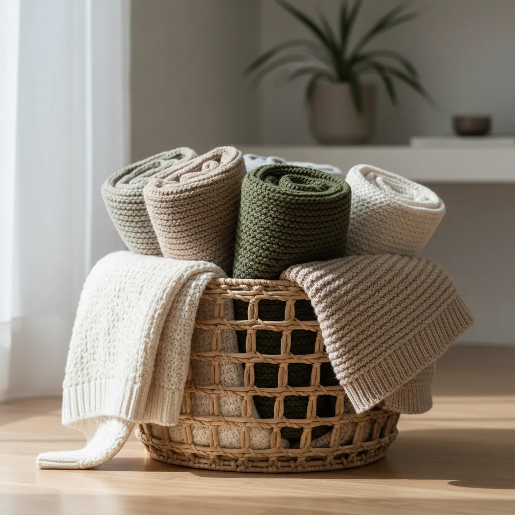 folded throw blankets showing layered textures and neutral colors