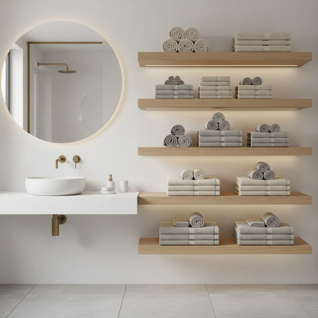 Layered bathroom towel arrangement with stacked bath and hand towels