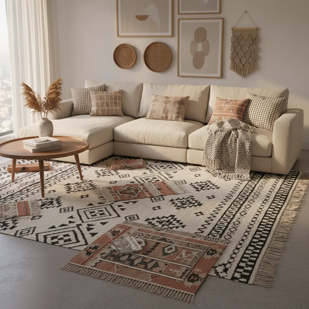 Living room with layered tribal textiles including rug pillows and throw