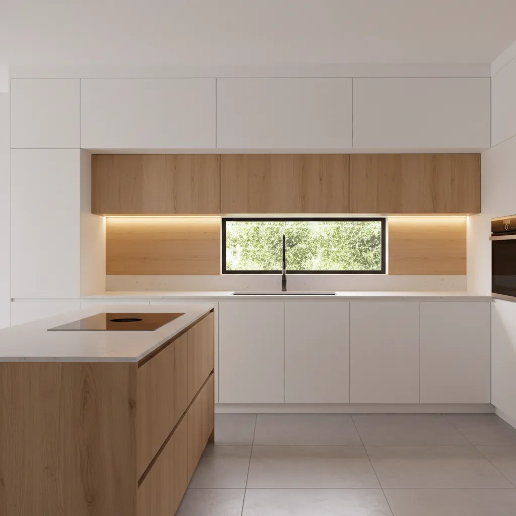 Kitchen with two tier upper cabinets and integrated lighting