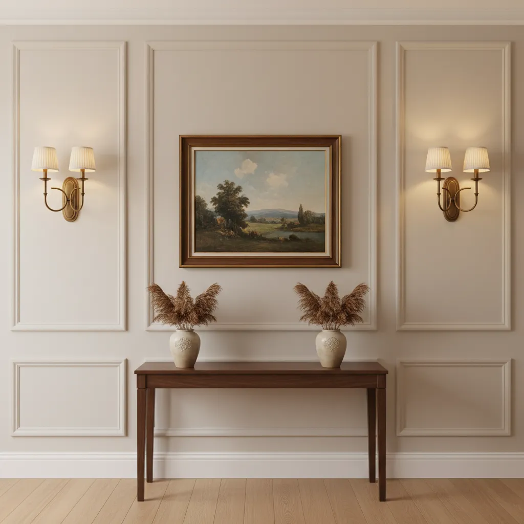 Wall sconces layered with artwork and wall panel molding