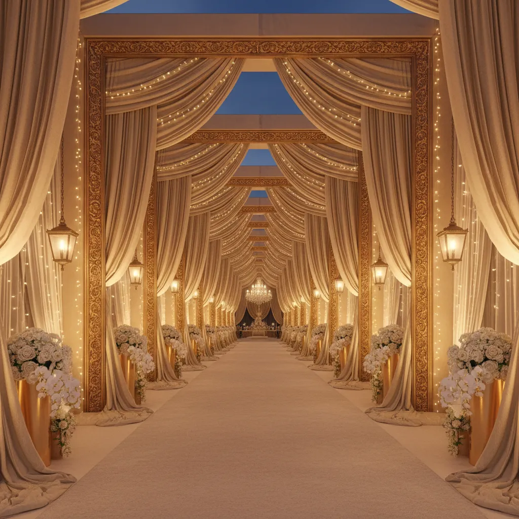Layered wedding entrance tunnel with decorative arches and lights