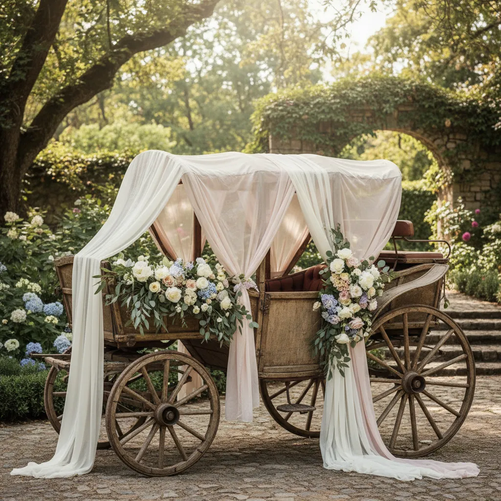 decorated wedding wagon with layered fabric greenery and flowers