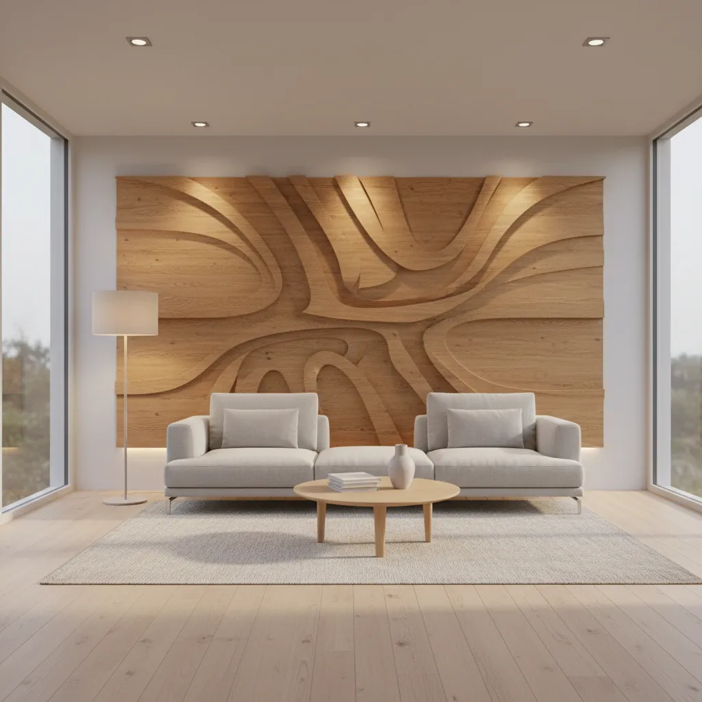 Layered wooden 3D wall art installation in a modern home interior