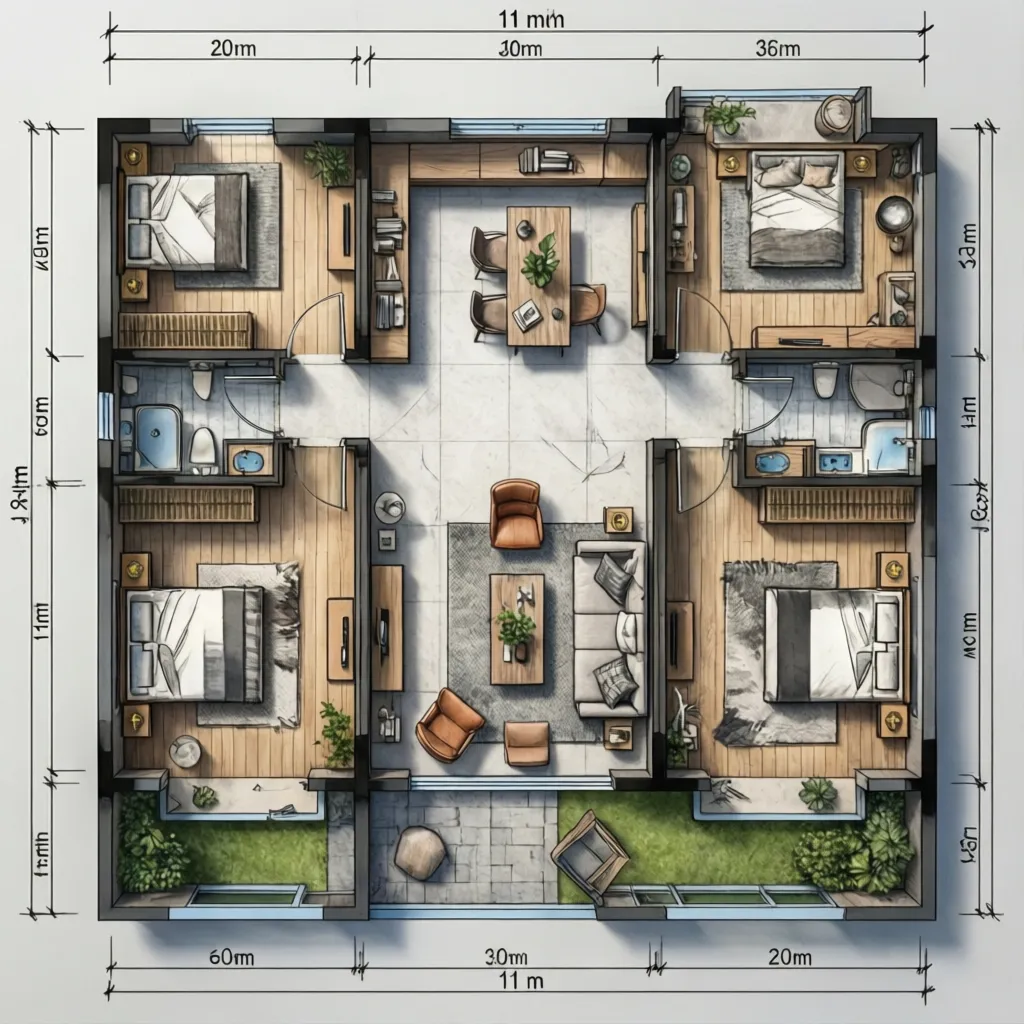 Interior design drawing showing a house floor plan with three bedrooms and central living room