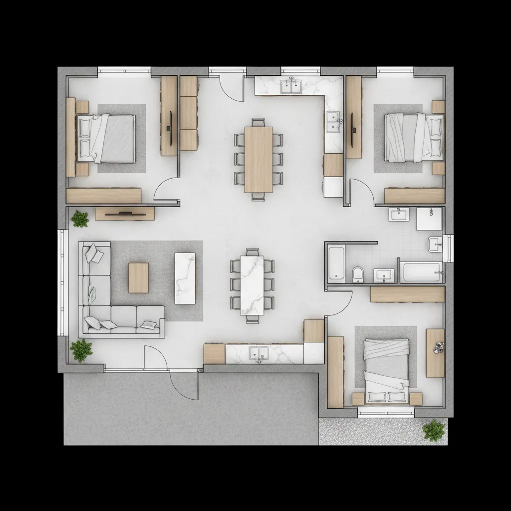 Denah rumah dengan empat kamar tidur pada lahan 10x20