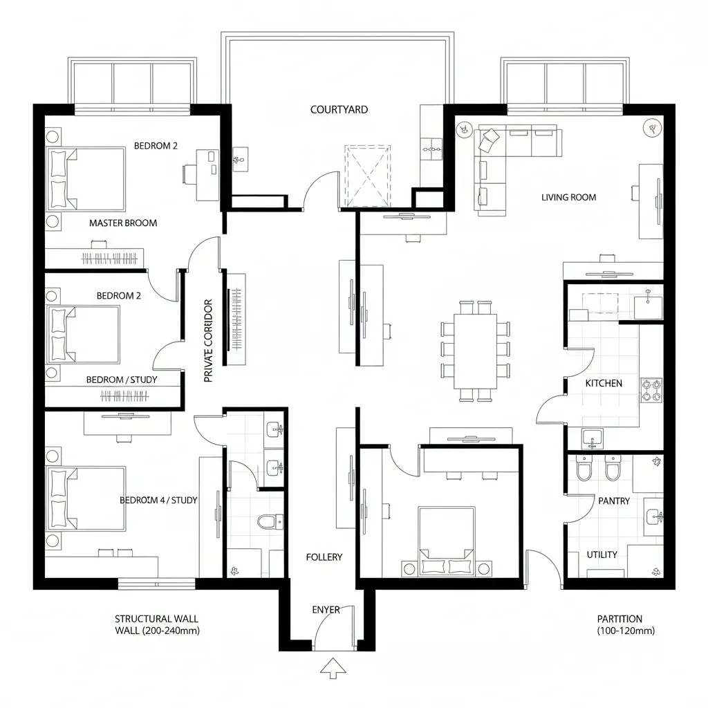 Layout A: Courtyard Spine + Split Private Zones