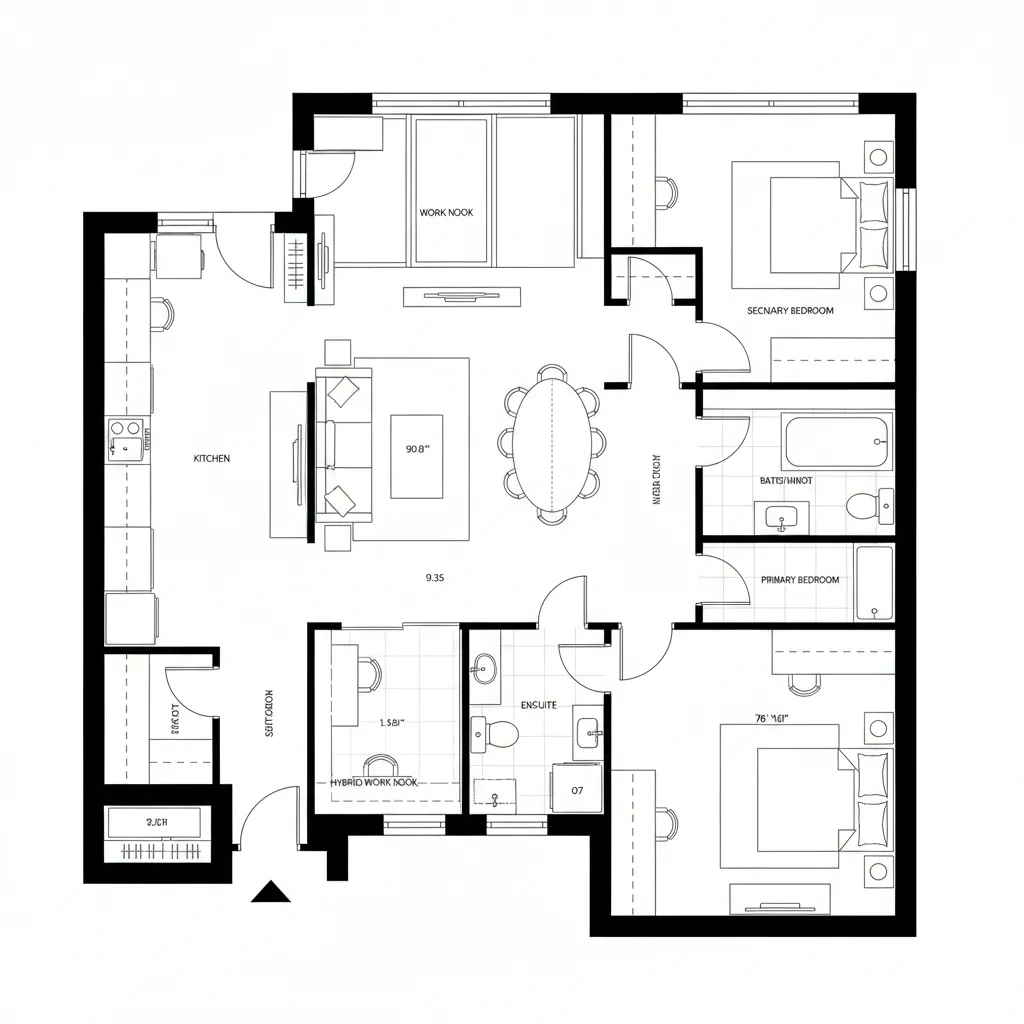 Top-down CAD plan showing split-core living with work nook and balcony axis