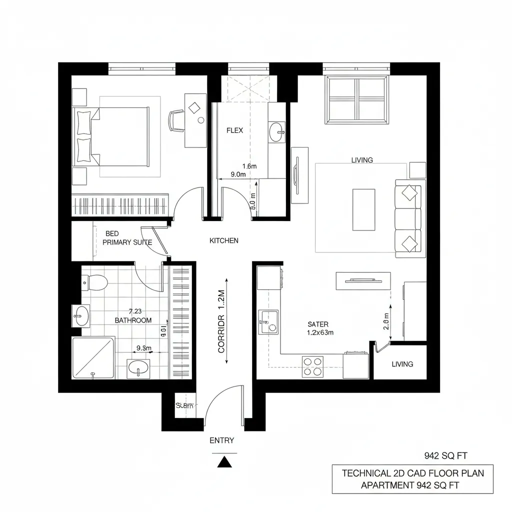 Top-down CAD plan of split-core corridor with flex room and primary suite