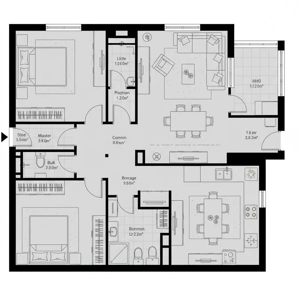 Interior design drawing of a large apartment layout with two dining areas and multiple bedrooms