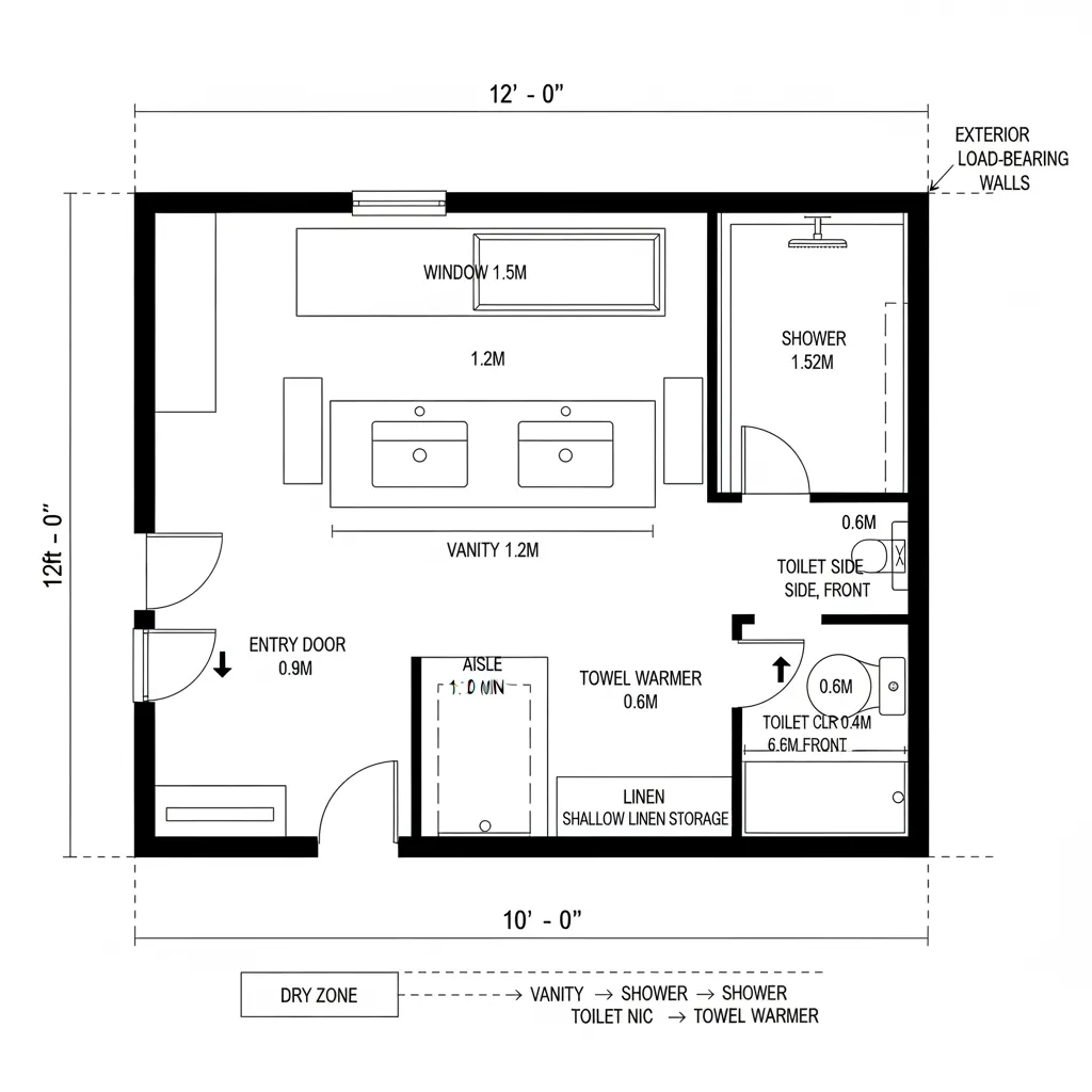 Top-down CAD plan of a 12x10 bathroom with a linear wet wall and a dry axis