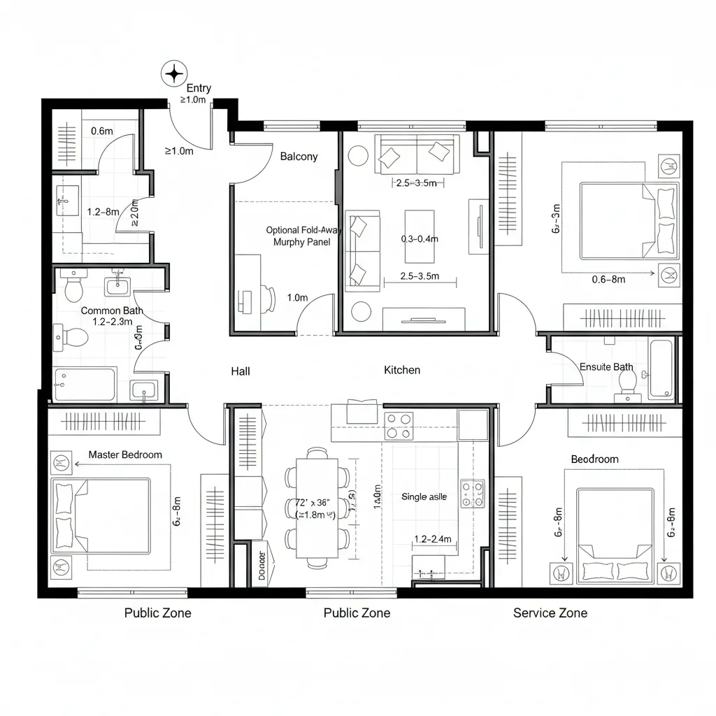 Detailed 2D apartment floor plan showing three bedrooms, two bathrooms, kitchen, and living room layout