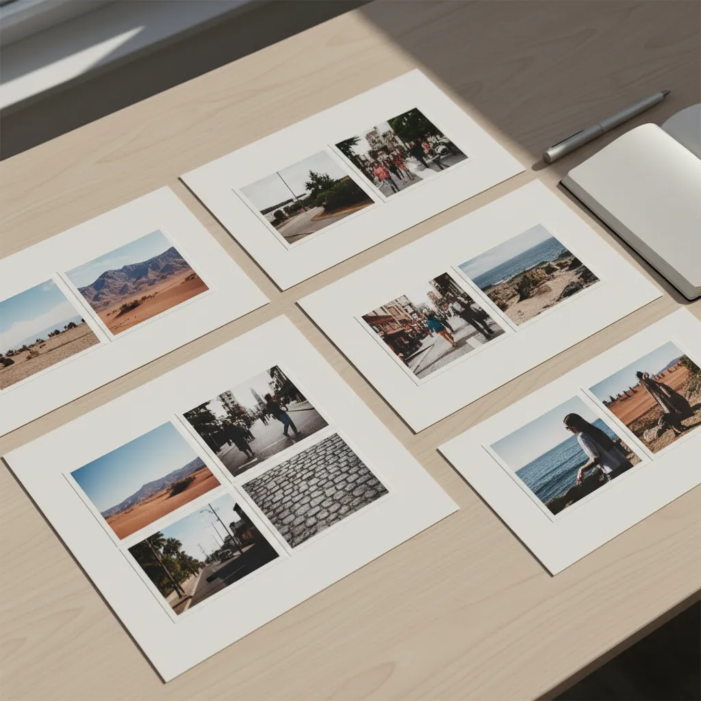 Diseño de páginas de álbum fotográfico con márgenes y composición equilibrada