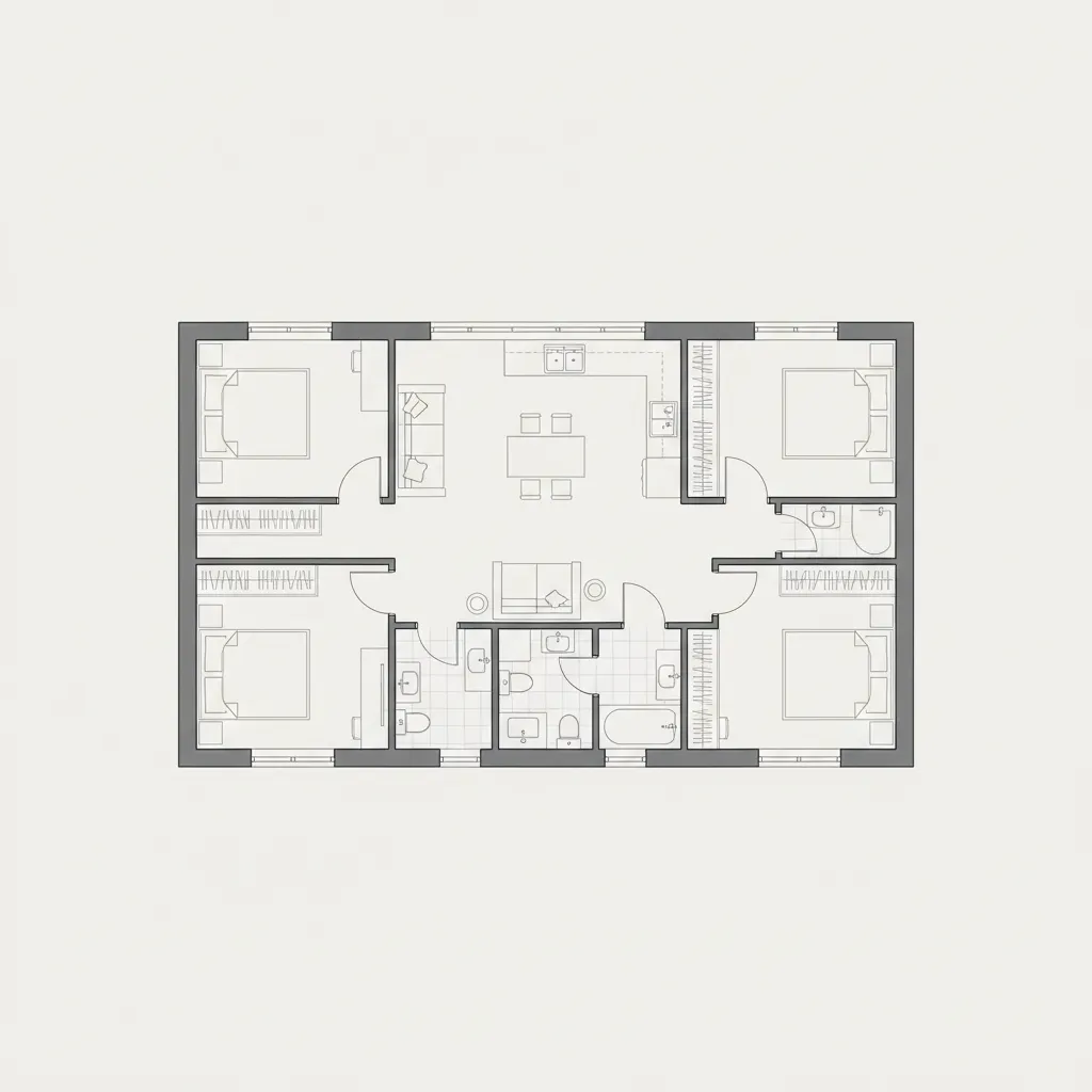 layout de planta de casa mostrando sala cozinha e quartos organizados