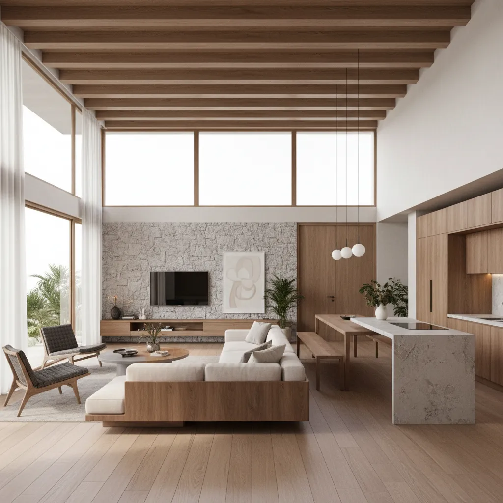 sala integrada com cozinha em casa moderna