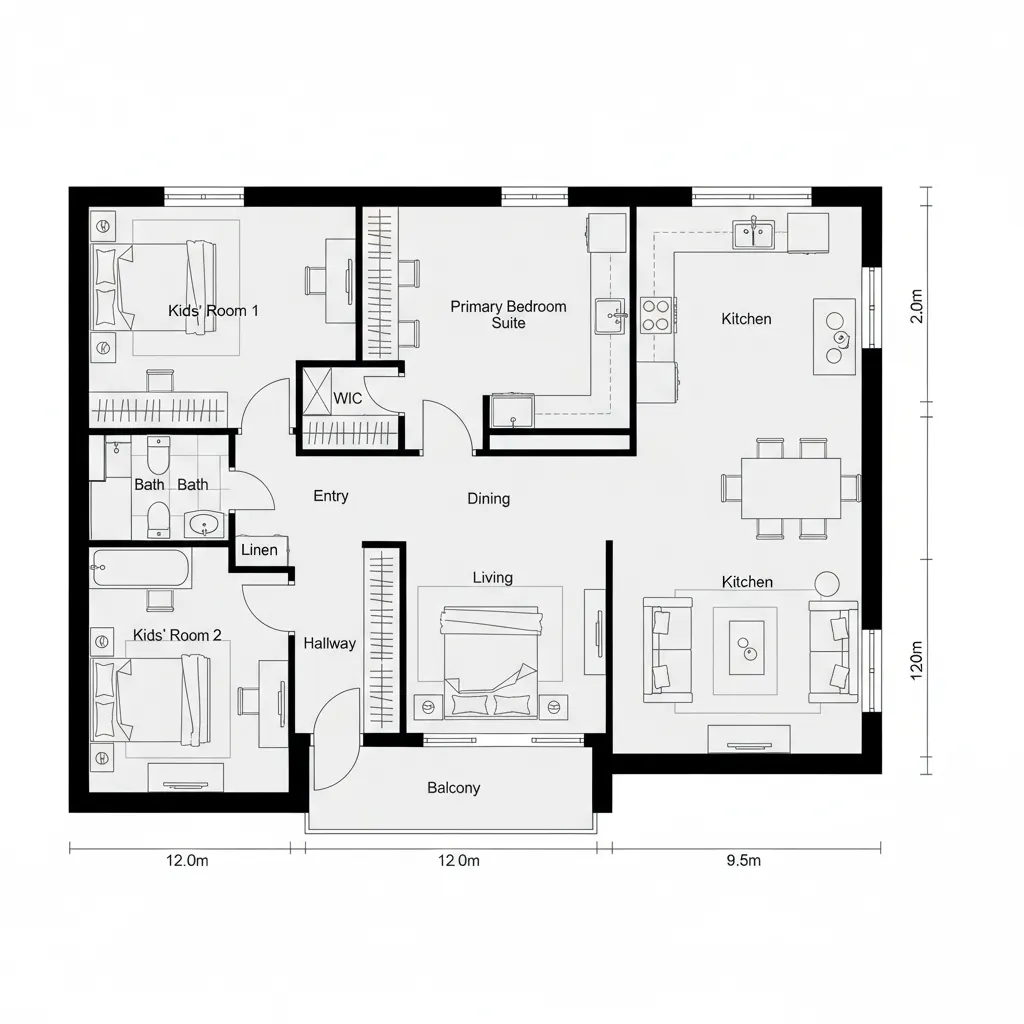 Top-down CAD plan of private primary suite and clustered kids’ wing with shared bath