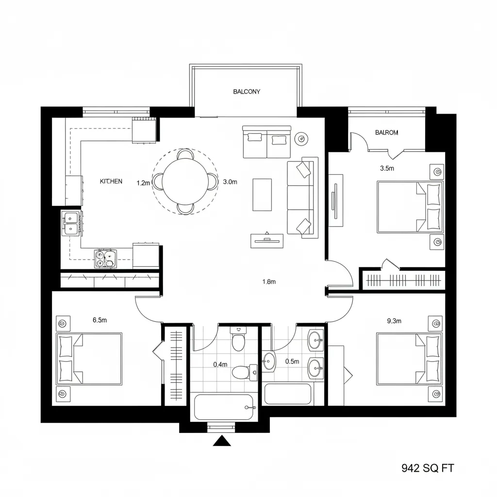 Top-down CAD plan with corner kitchen and diagonal living sightline to balcony