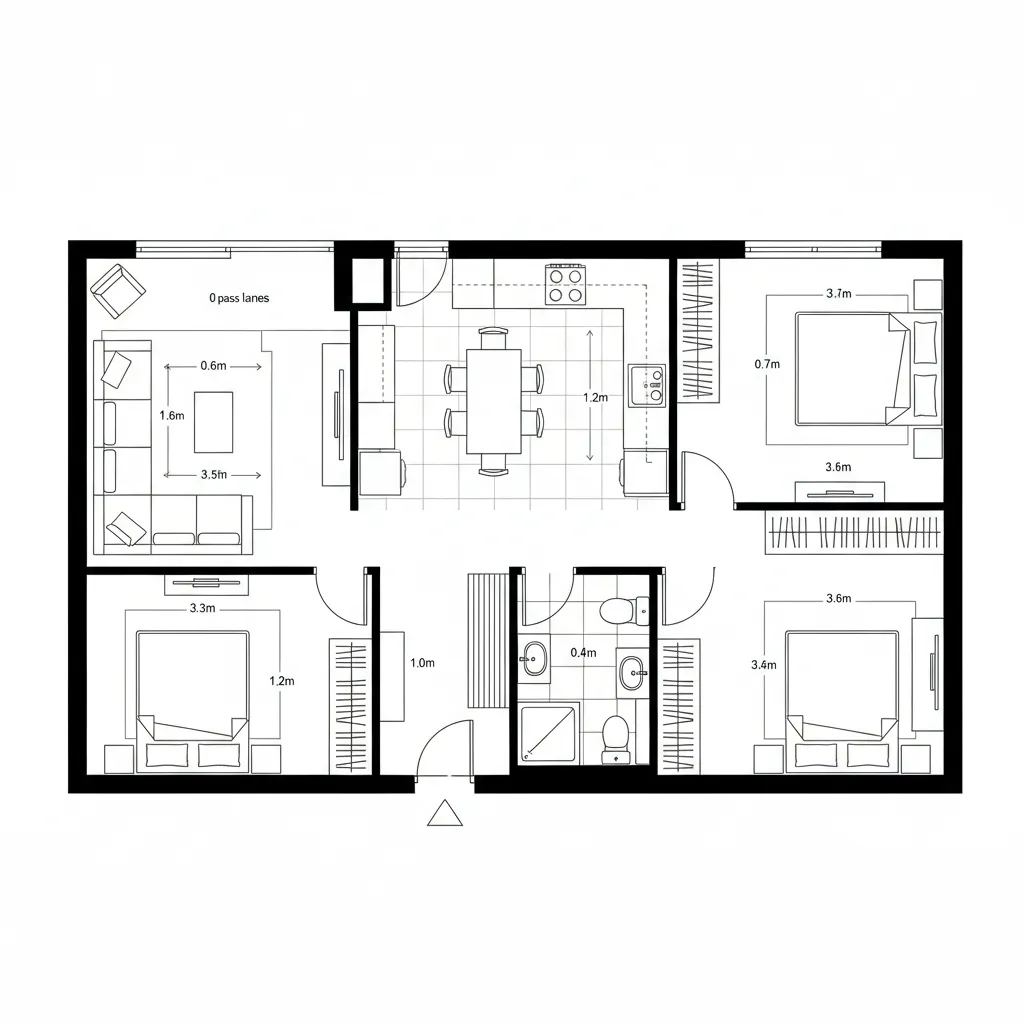 Interior design drawing of a three bedroom apartment layout with living room kitchen and bathroom