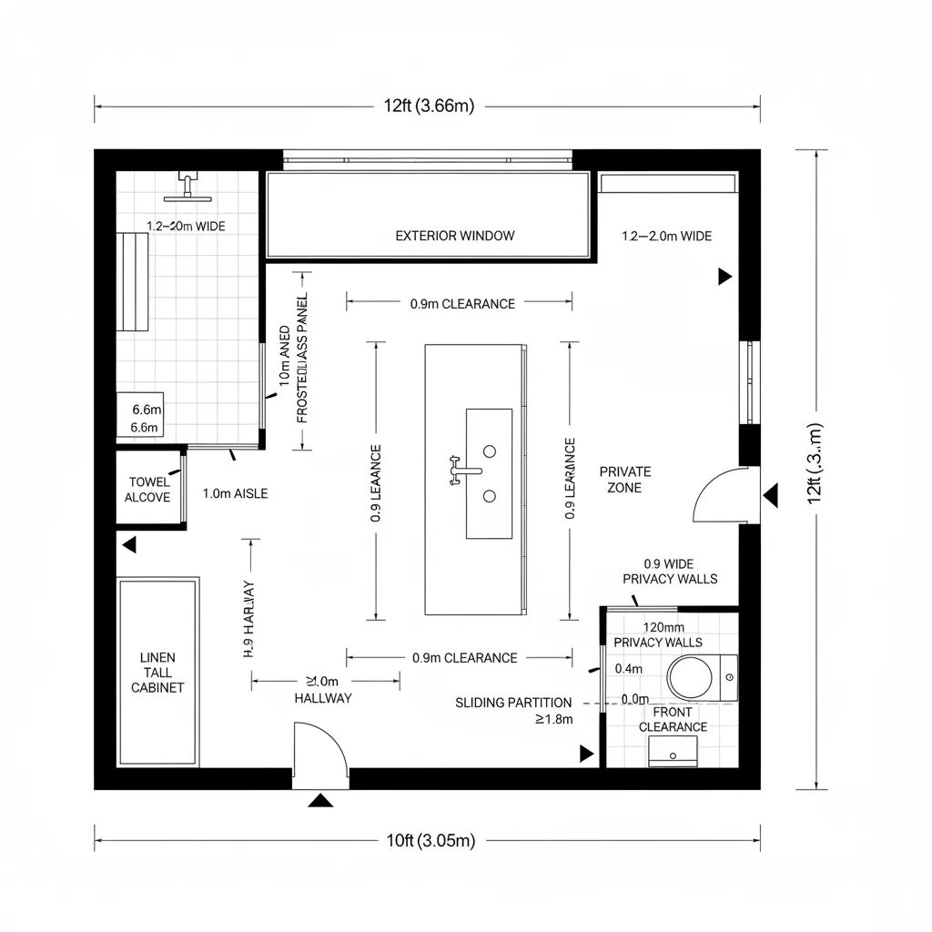 Top-down CAD plan of a 12x10 bathroom with a central island vanity splitting wet and dry zones