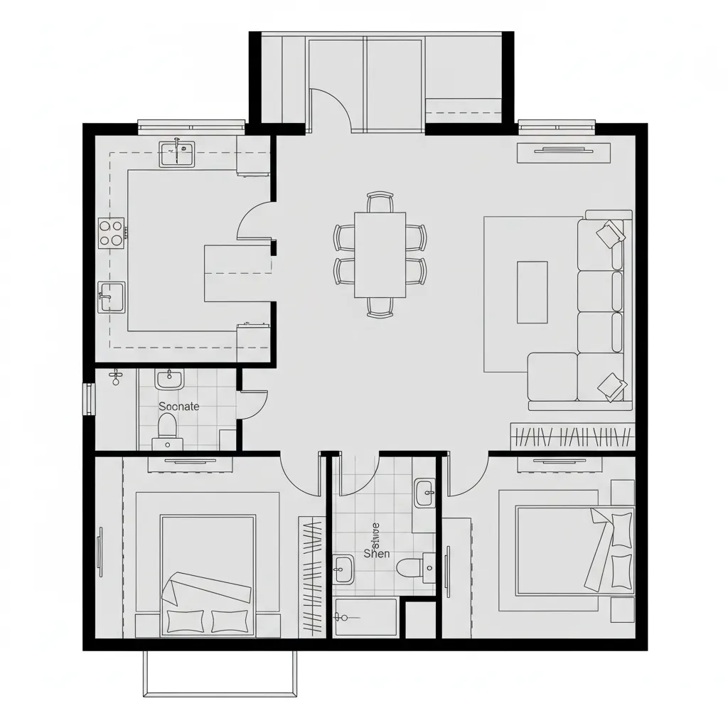 Simple floor plan drawing of a home featuring open kitchen living room and two separate bedrooms
