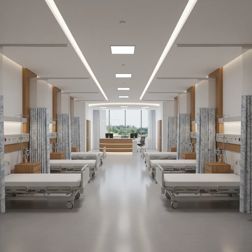 Interior design drawing showing hospital ward beds with blue curtains and a wooden nurse station