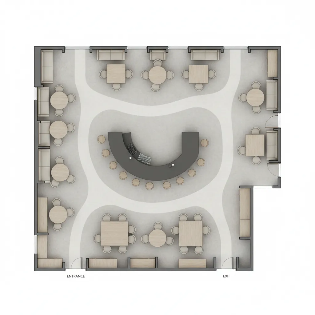 Interior design drawing showing room layout with curved bar counter and many small dining tables