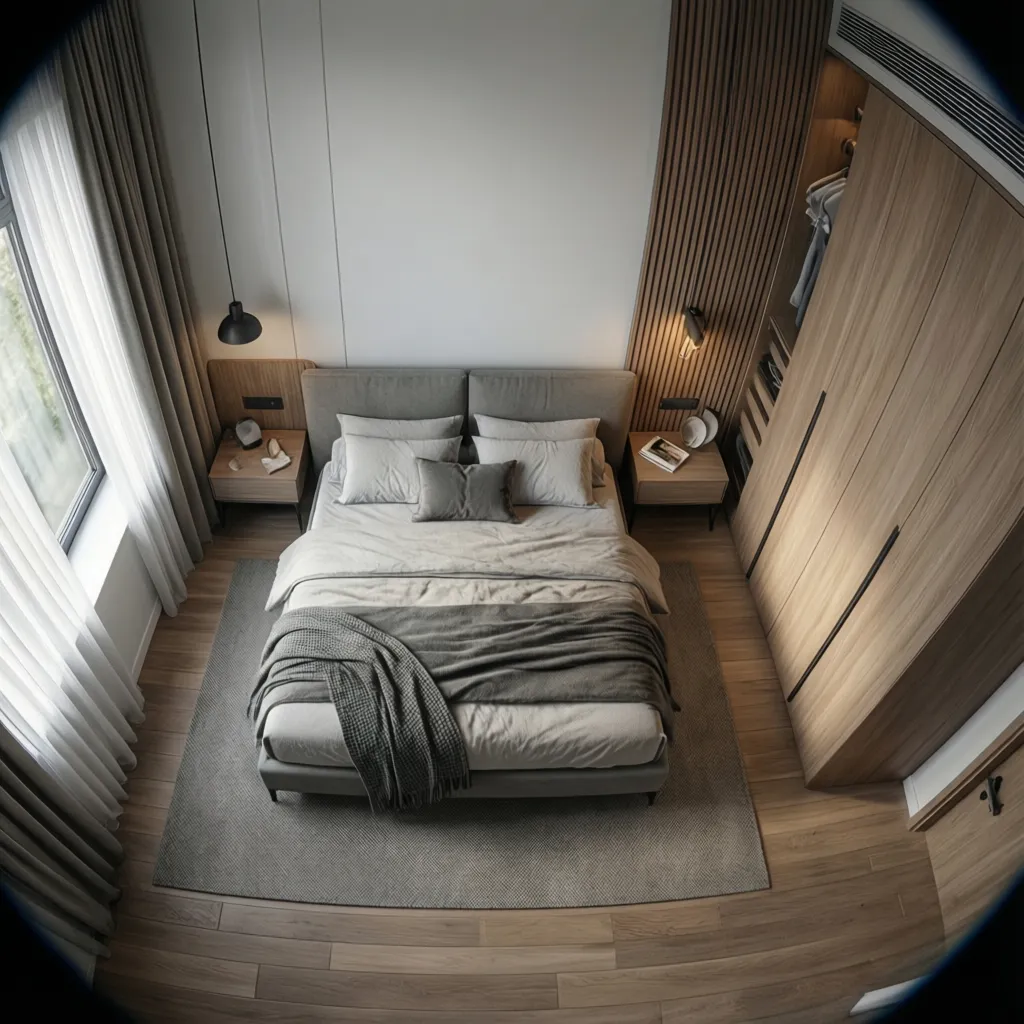 Modern bedroom top view featuring grey bed wood floor large wardrobe ceiling light and natural light