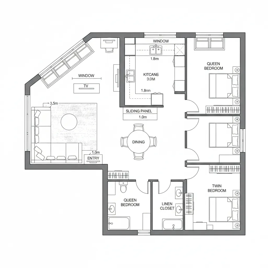 Layout C: Corner Drawing Room with Semi-Open Kitchen