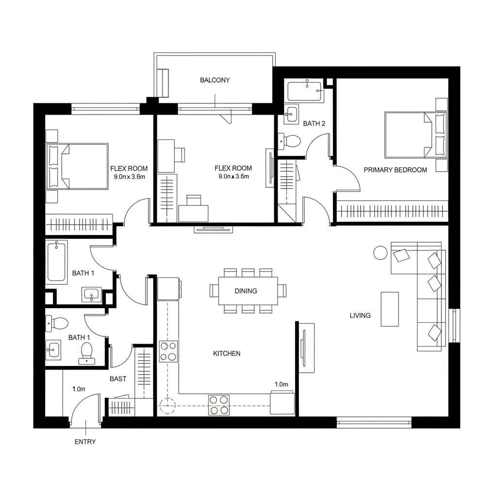 Top-down CAD plan with kitchen spine, dining-living axis, and two flexible rooms