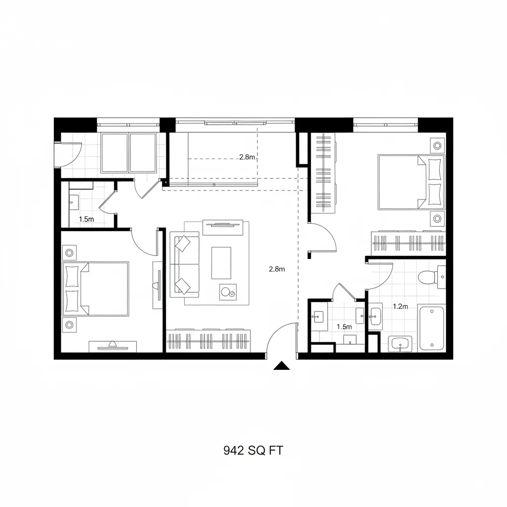 Top-down CAD plan of dual-bed quiet zone with sliding partition and bath