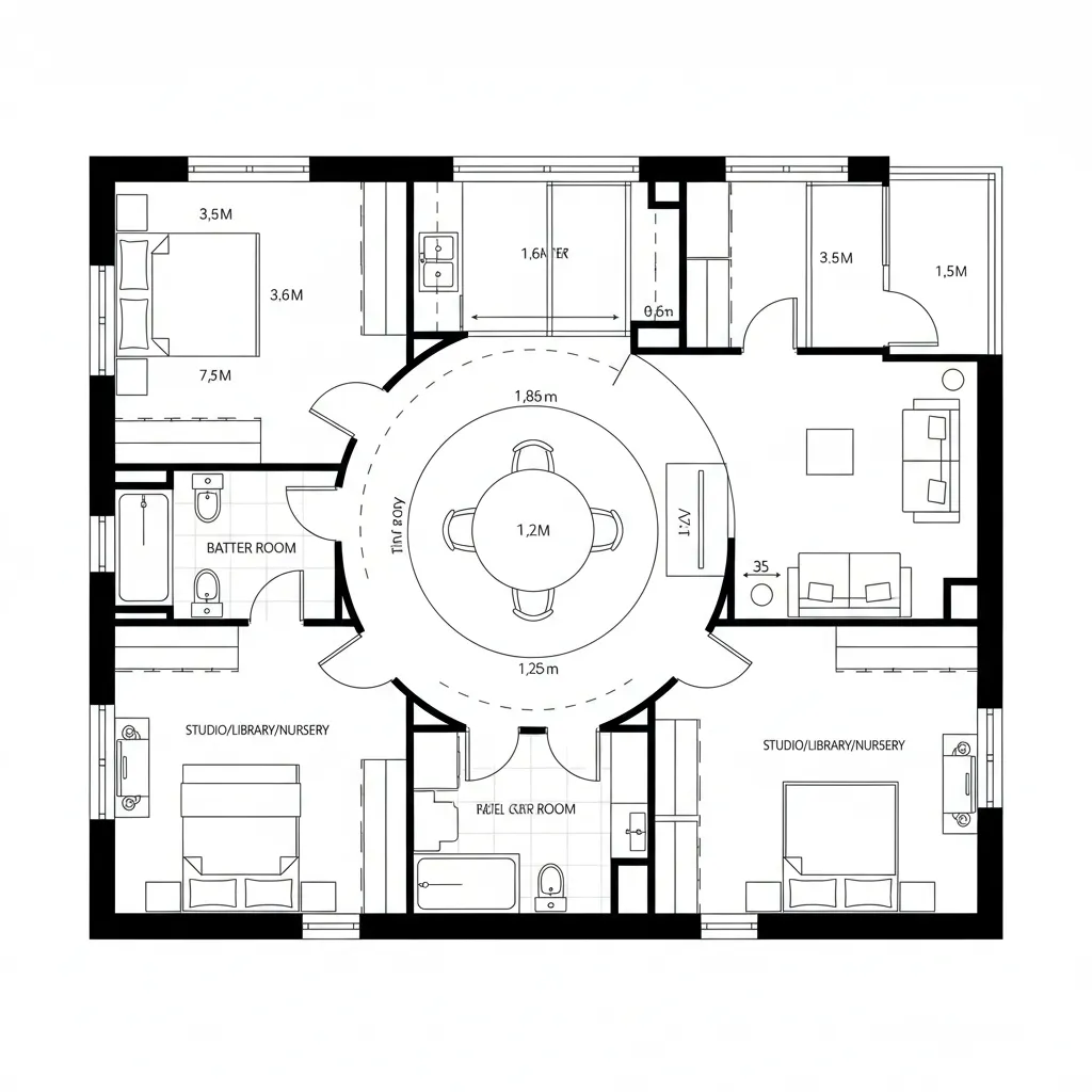 Interior design drawing of a square room layout with a circular dining area in center