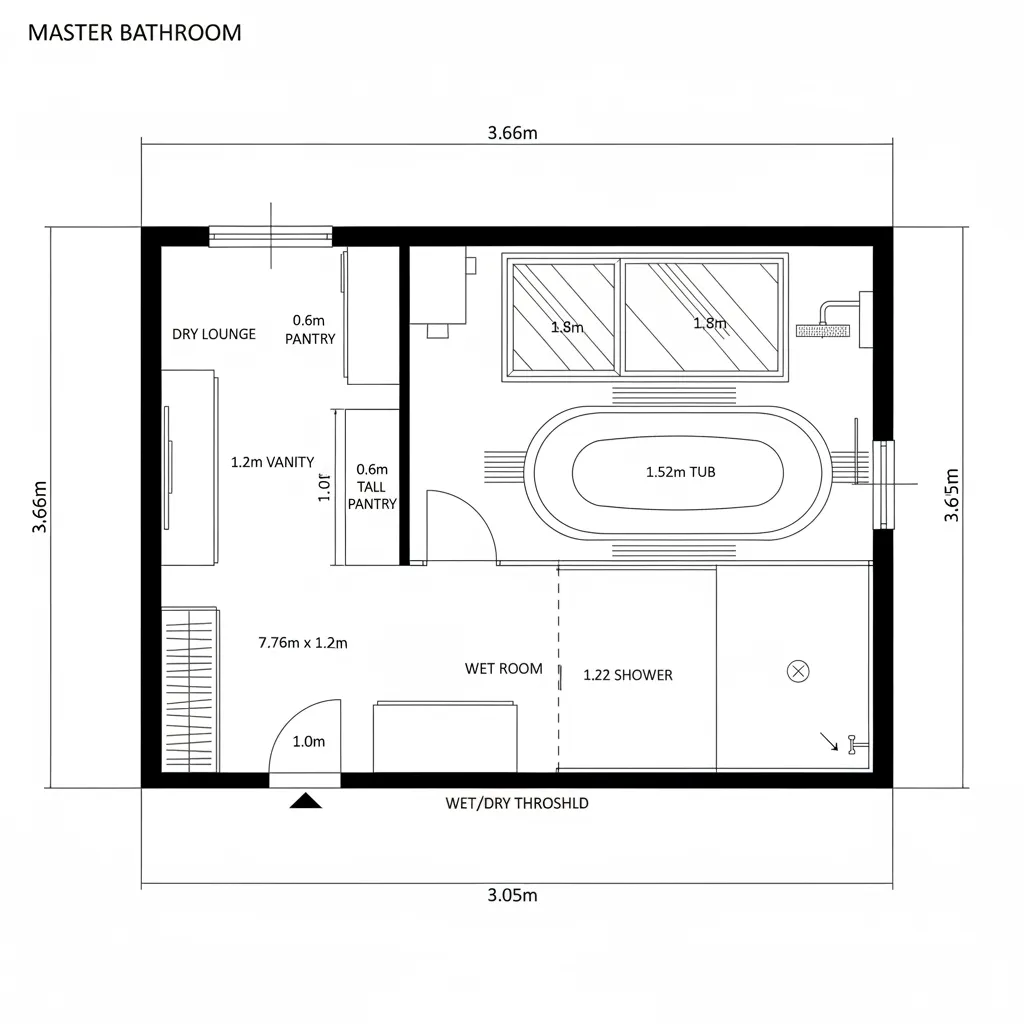 Top-down CAD plan of a 12x10 bathroom with a glazed wet room and a dry lounge niche