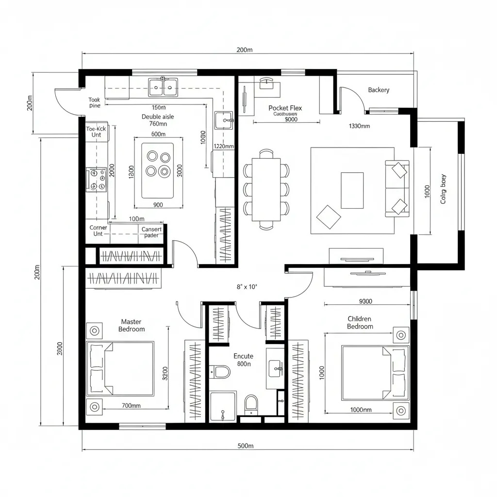 Detailed floor plan showing kitchen island dining table two bedrooms and living area with measurement lines