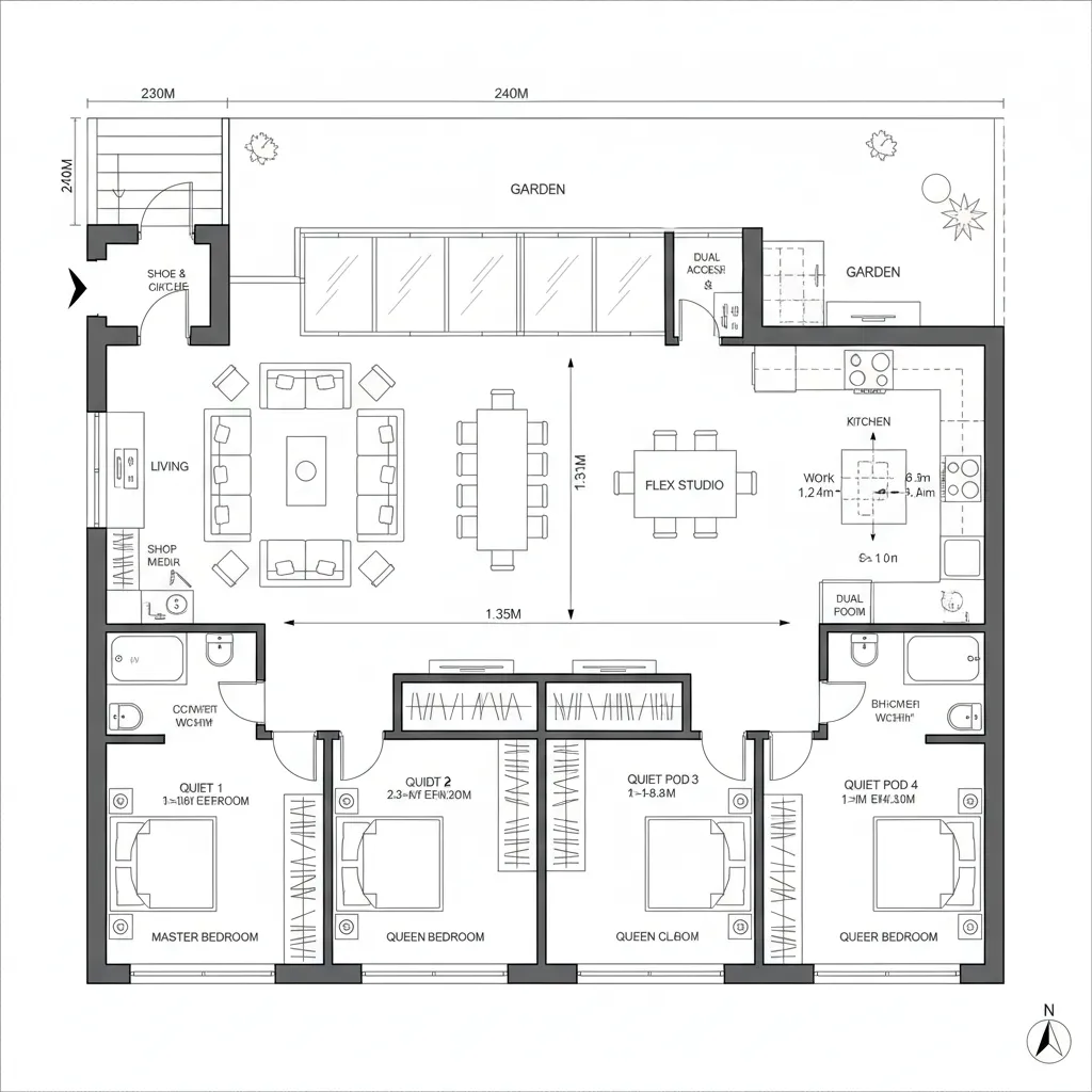 Layout C: Duplex Feel on One Level—Public Plaza + Quiet Pods