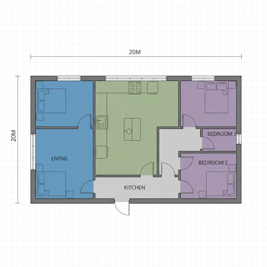 Diagrama de layout mostrando zonas social, funcional e íntima em casa 10x20
