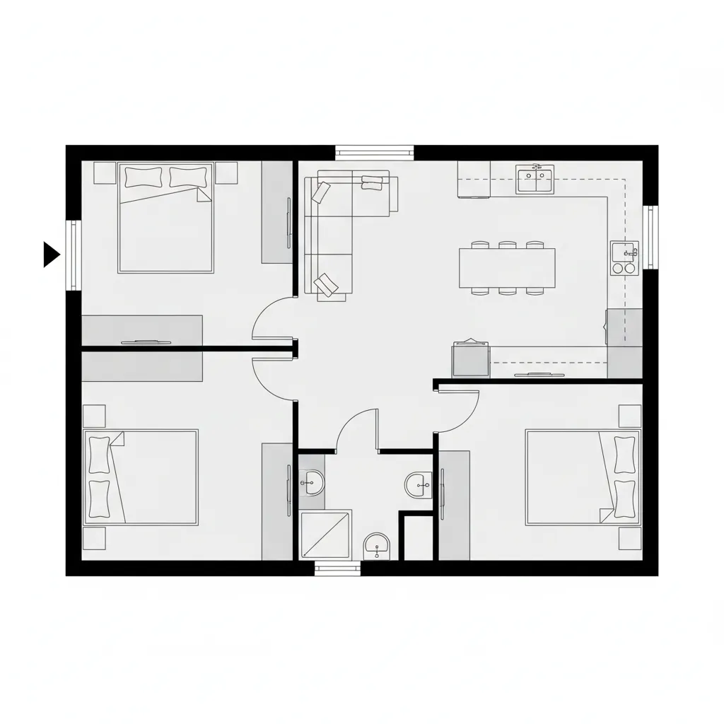 layout de planta com dois quartos e área social integrada