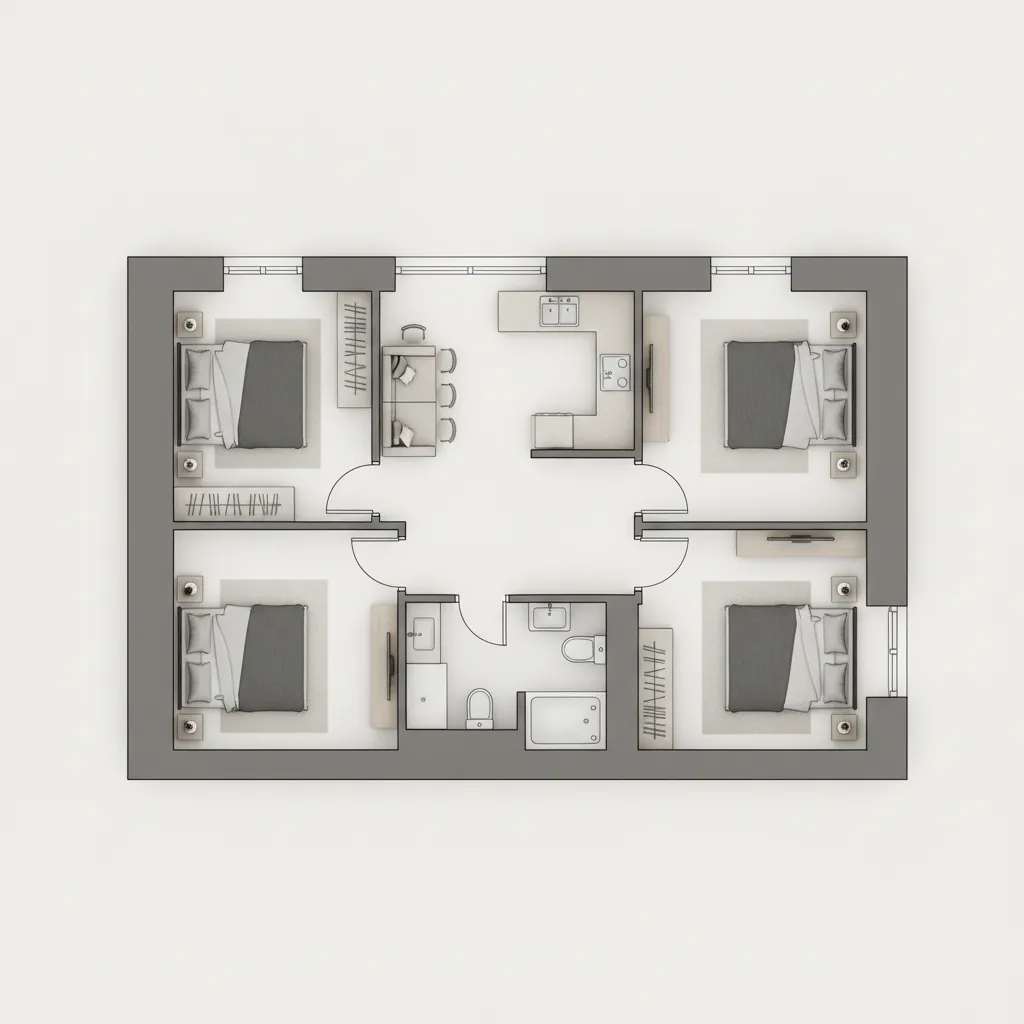 planta baixa simples de casa com dois quartos e banheiro central