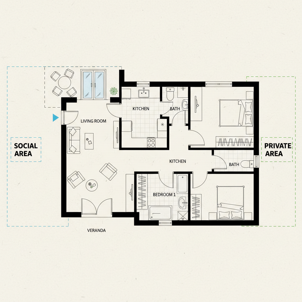 Planta de Casas com Varanda e 2 Quartos