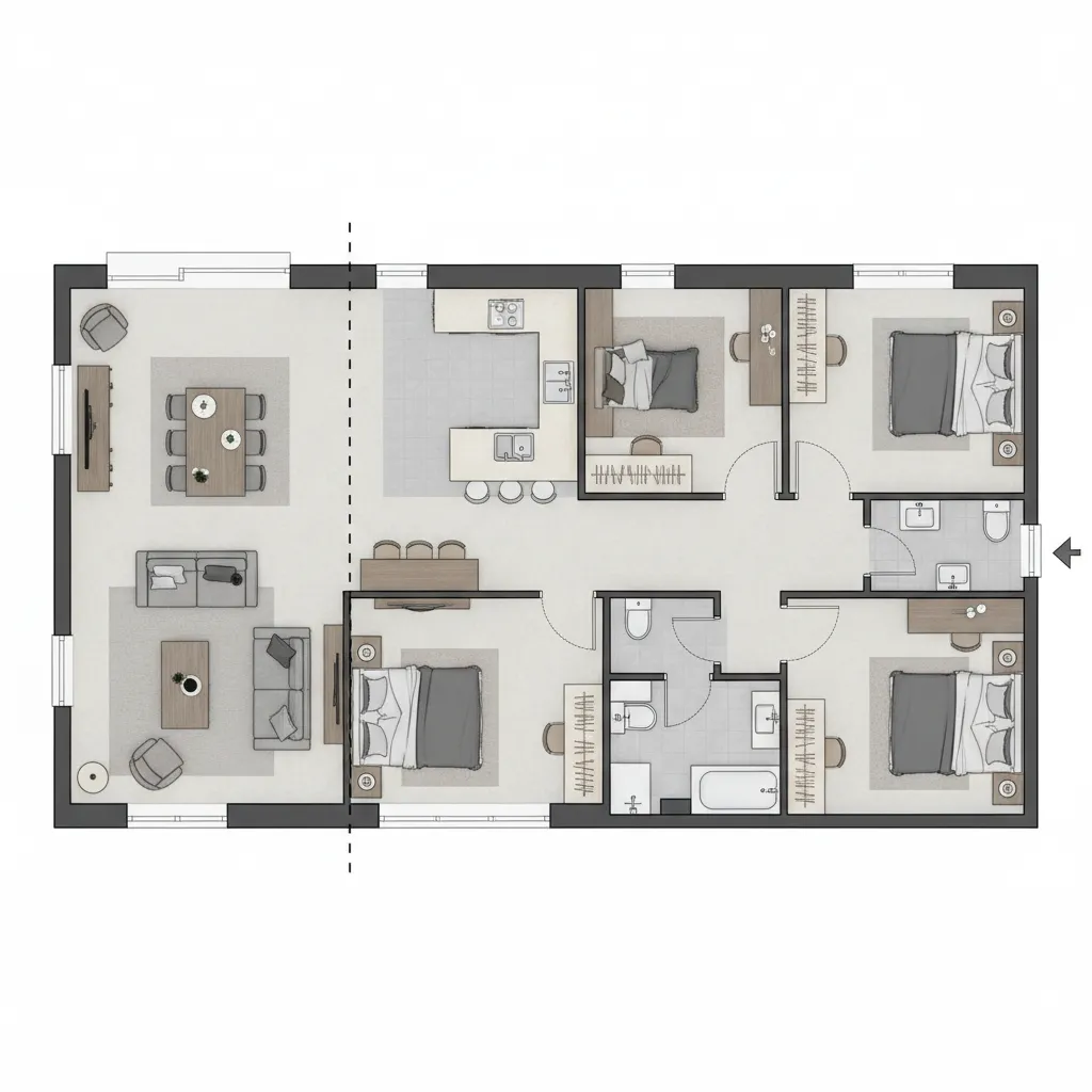 layout de casa simples separando área social e área íntima