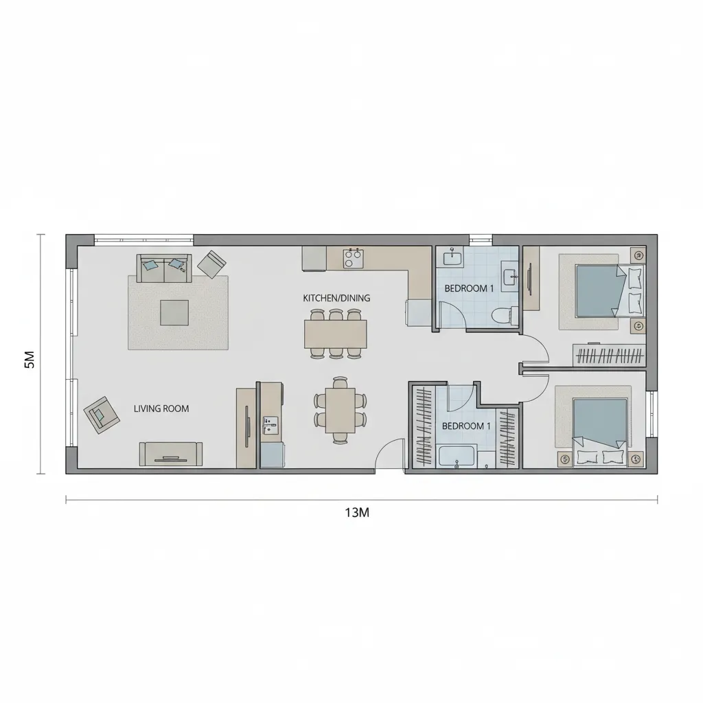 diagrama simples mostrando distribuição de ambientes em casa 5 por 13