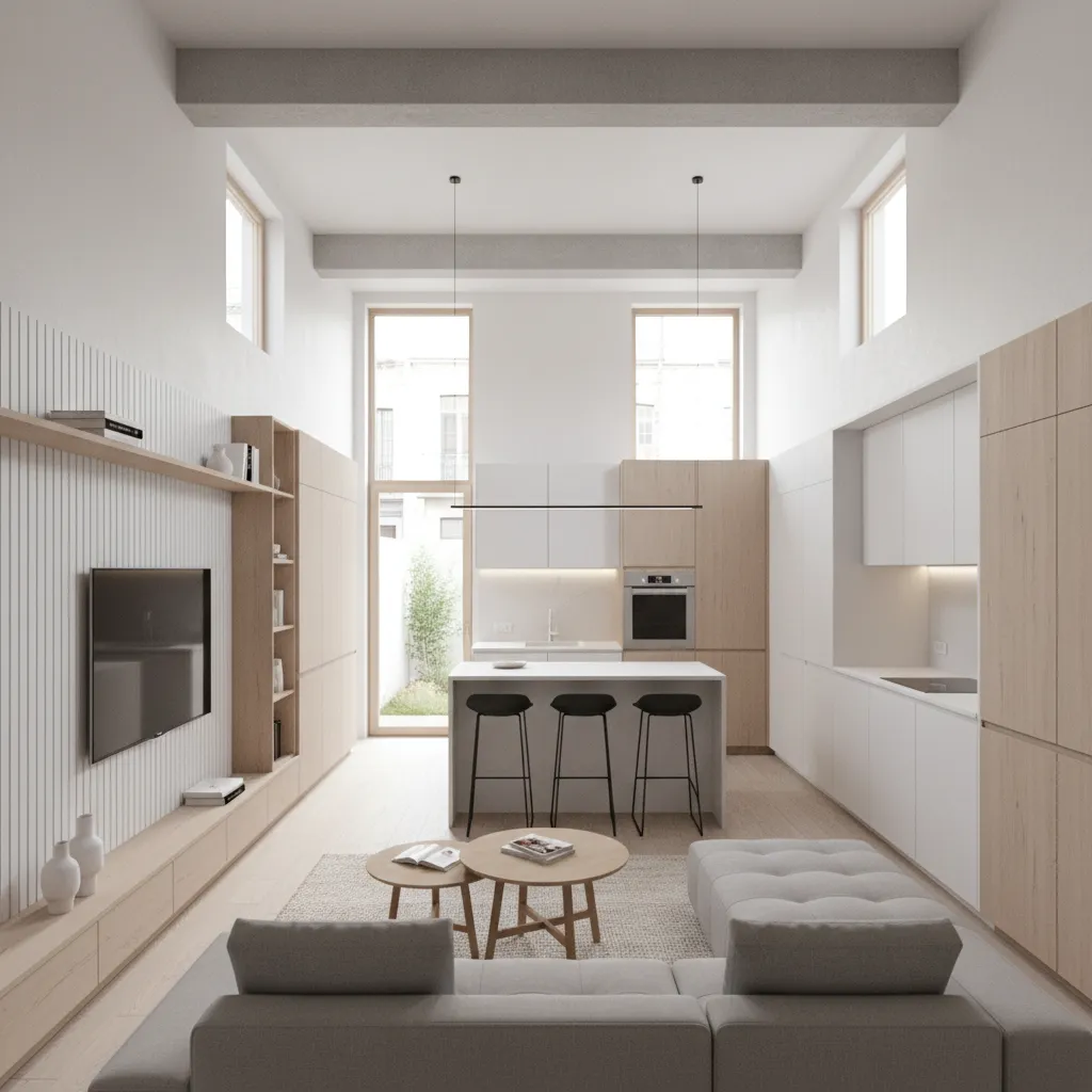 layout interno com sala e cozinha integradas em casa 5x25