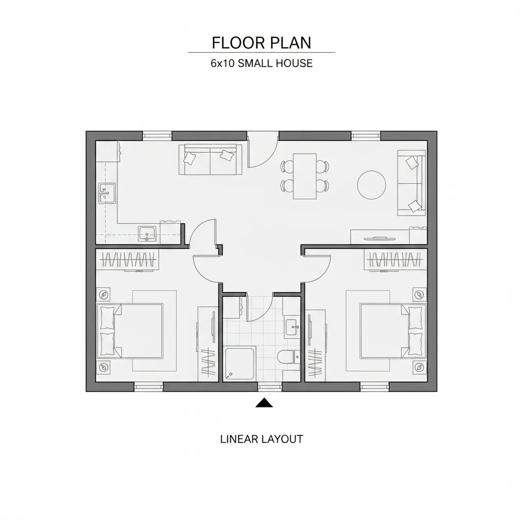 Layout interno de casa 6x10 com sala e cozinha integradas