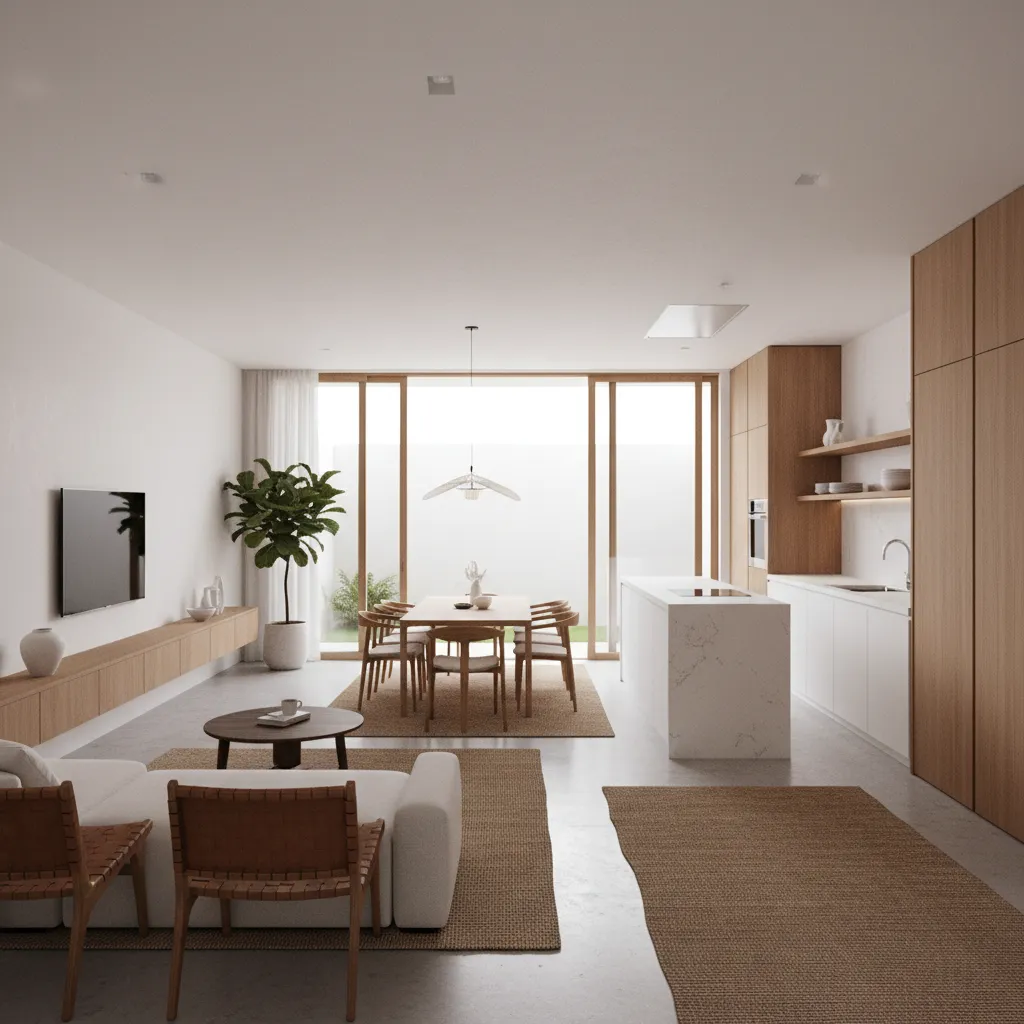 sala e cozinha integradas em casa de terreno 6x20