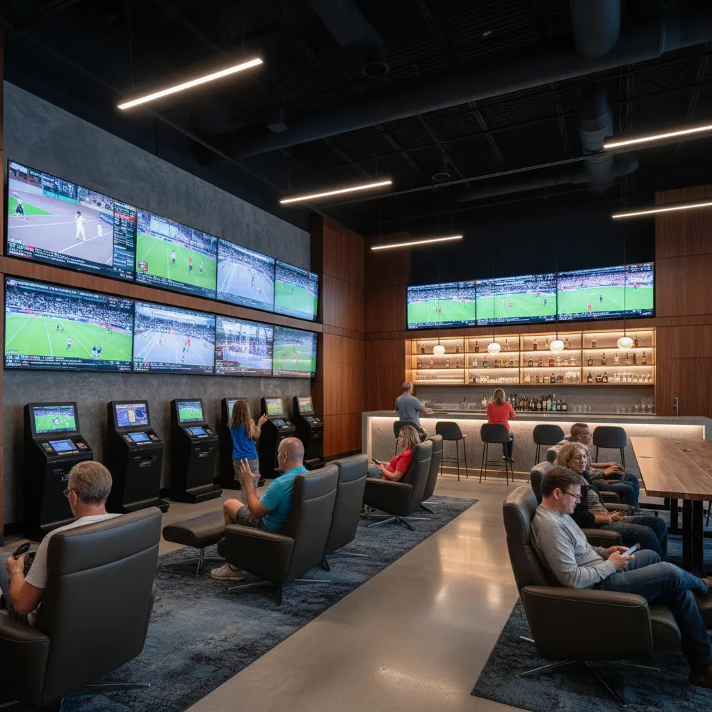 Distribución interior de una casa de apuestas con pantallas visibles desde varias zonas