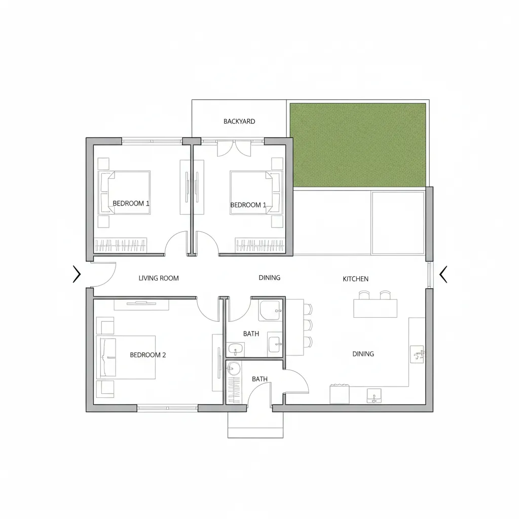 planta baixa simples mostrando sala na frente e cozinha no fundo