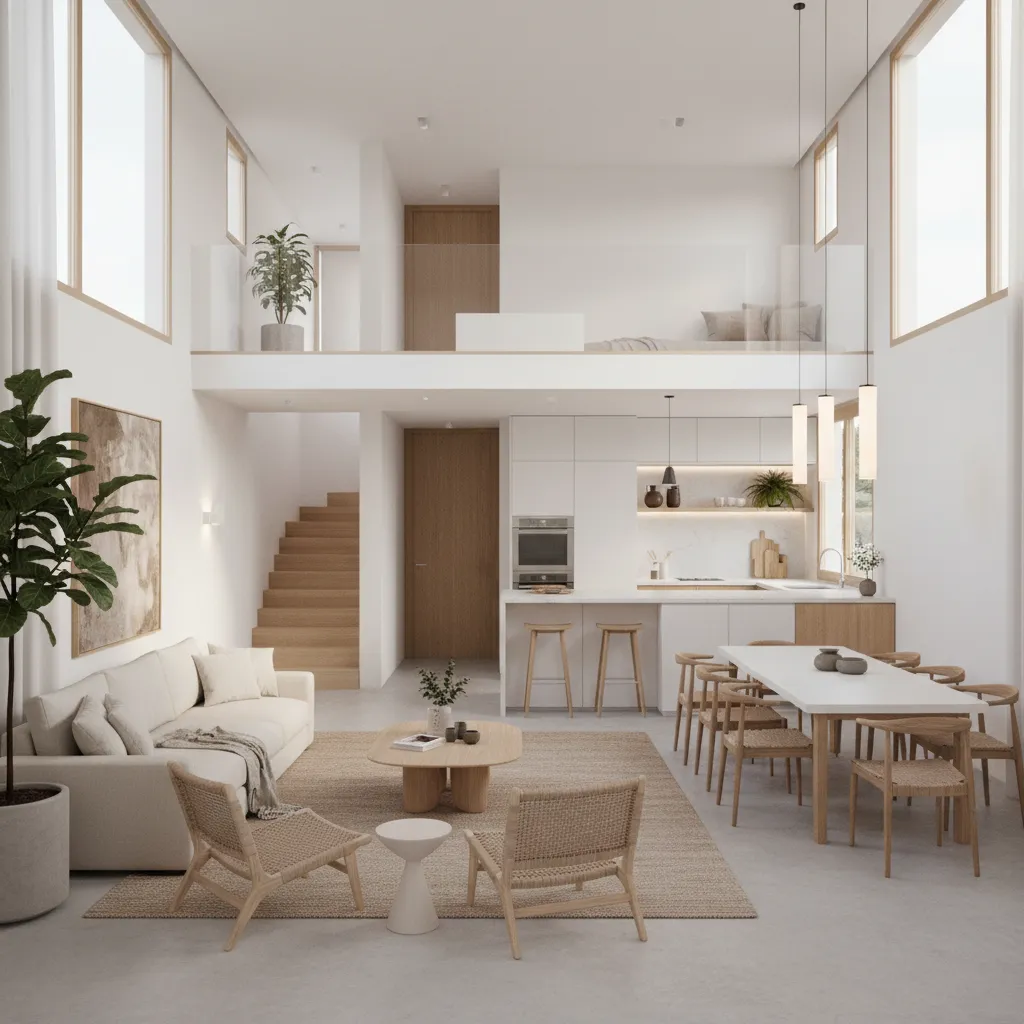 Interior de casa de dois andares simples com sala e cozinha integradas