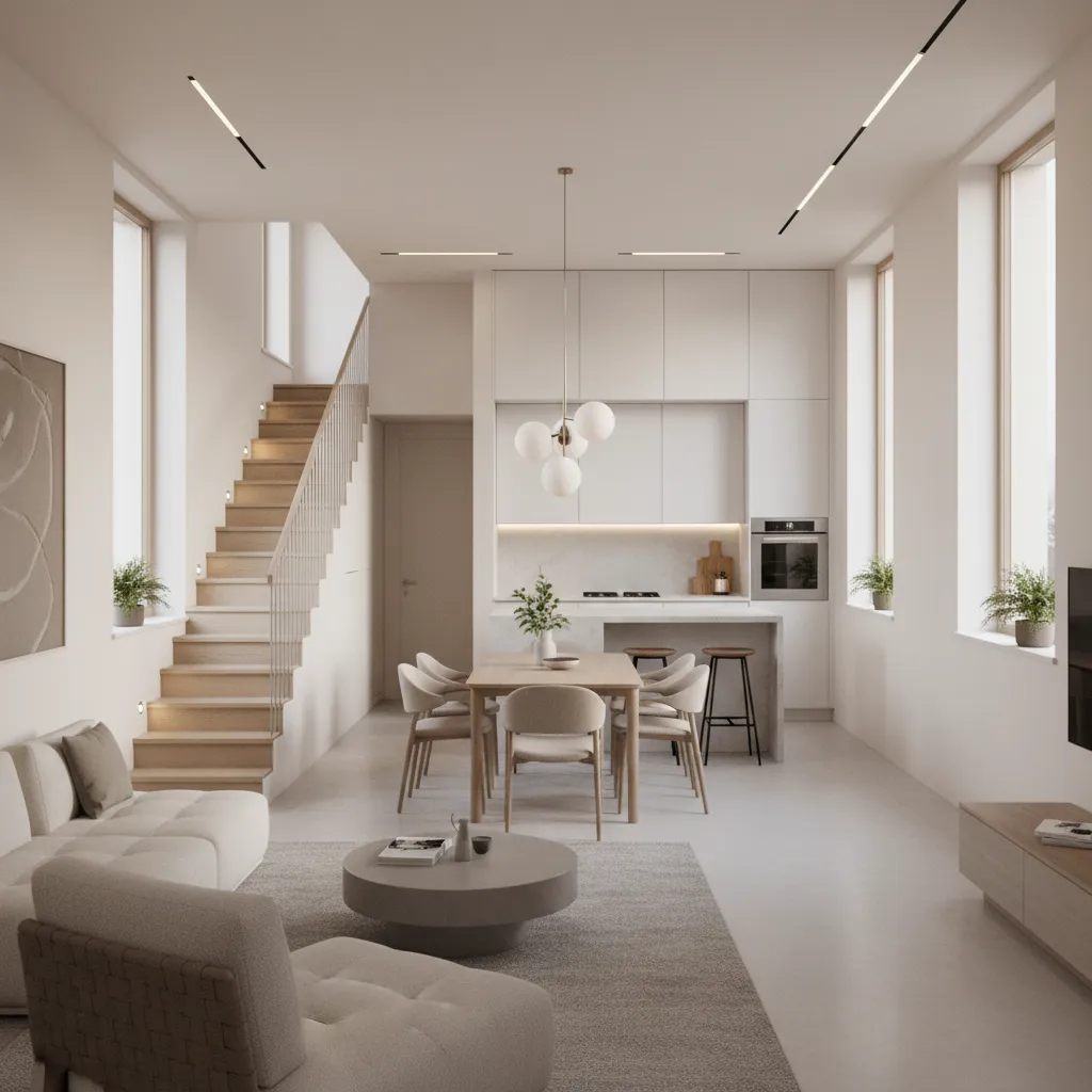 layout interno de casa geminada estreita com sala e cozinha integradas