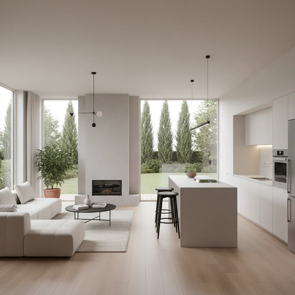 visualização interior de casa moderna pequena com sala e cozinha integradas