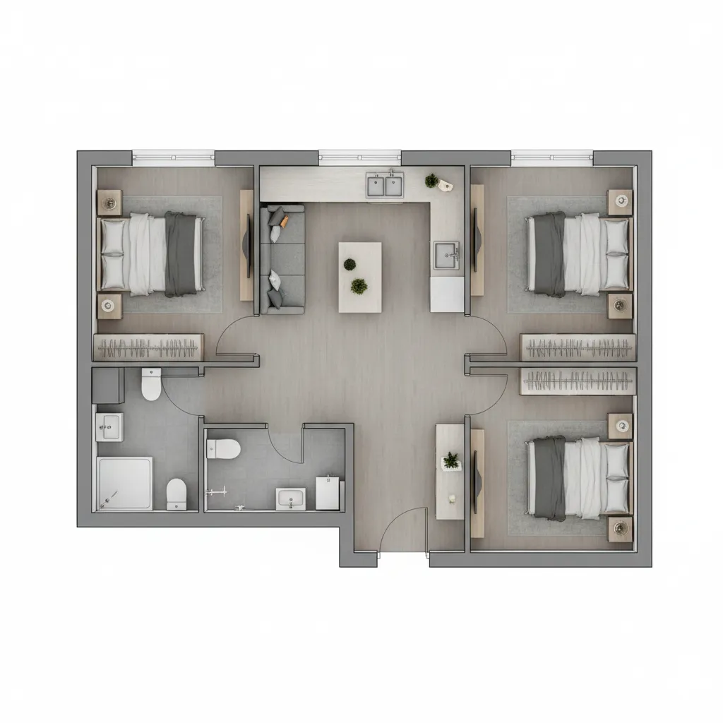layout simples de casa pequena com dois quartos e sala integrada